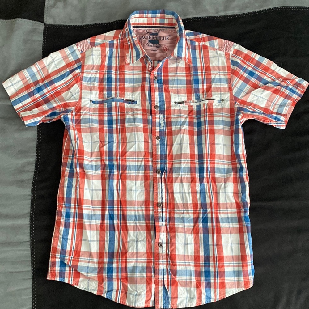 Alternative Pacific Blue red, blue, and white short sleeve button down shirt